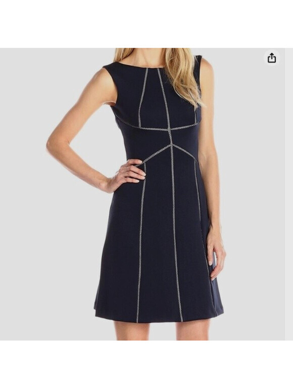 Calvin Klein Size 6 Navy Knit Dress Fit & Flare Stitching Sleeveless Nautical